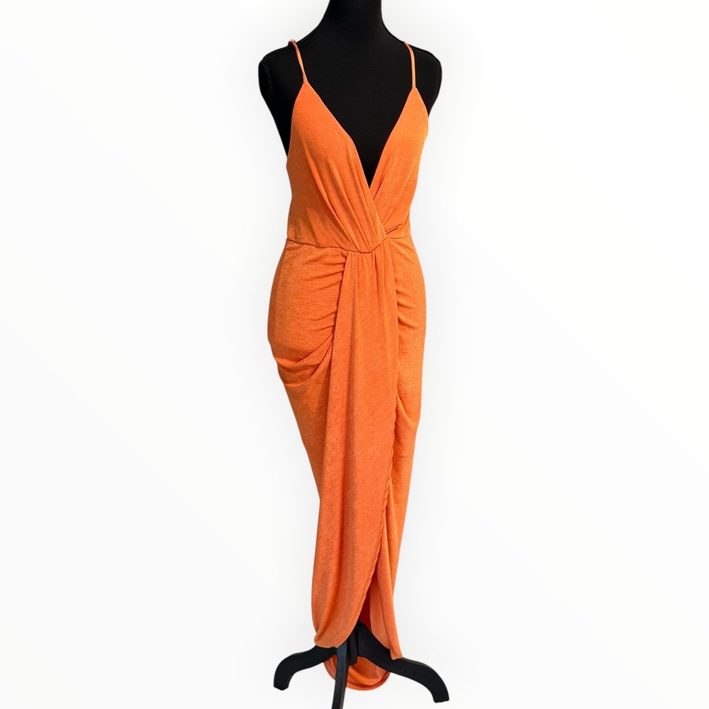 Lulus Dreamy Date Orange Surplice Midi Dress M Ruched Plunge Wedding Resort - Picture 4 of 15